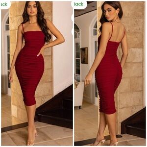 NWT CLUB L LONDON Sentimental | Berry Ruched Mesh Midi Dress With Square Neck 6